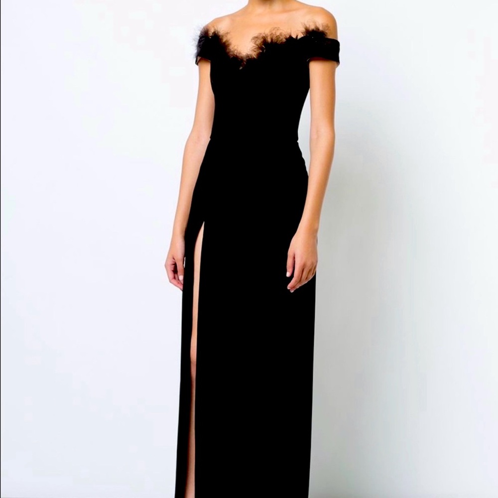 Marchesa Notte Off the Shoulder Black Gown with deather detail size 4